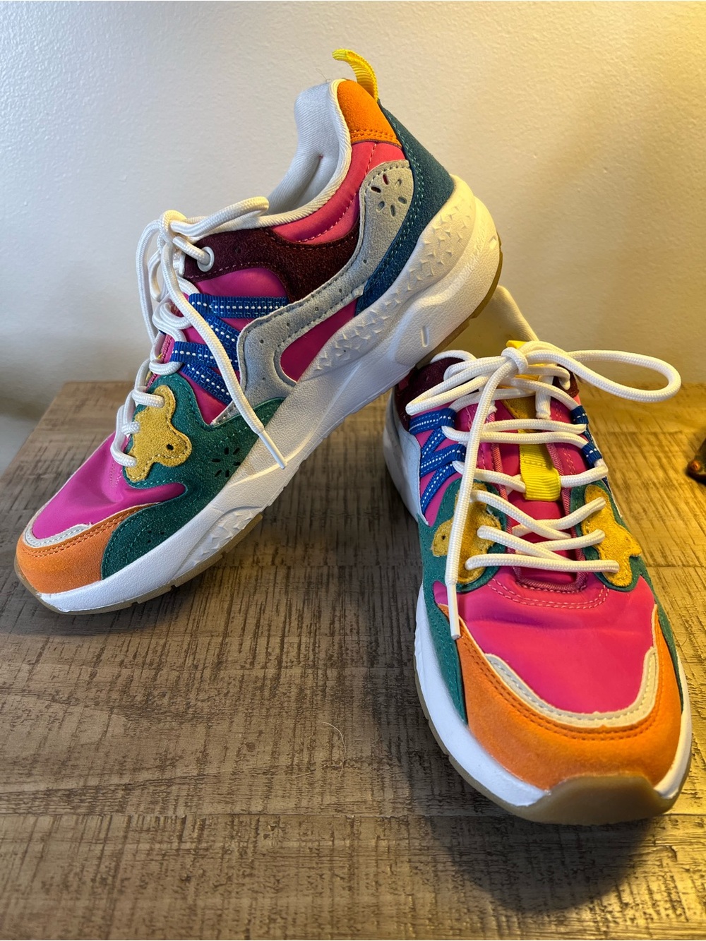 Nicole Mille Flown Vibrant Mixed Media Sneakers in Pink, Orange, Green. Size 8